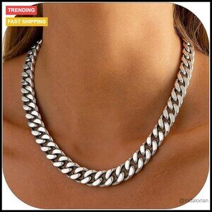 Stainless Steel Chunky Cuban Link Chain Necklace, 5/12/14mm Width